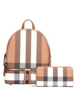 2-In-1 Fashion Plaid Print Backpack Wallet Set LM-7285W BROWN